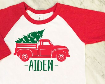 kids christmas shirt - red truck christmas tree shirt