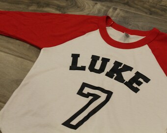 BIRTHDAY shirt - Kid's personalized NAME and NUMBER raglan baseball shirt - red contrast