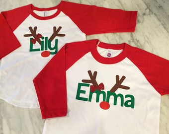 girls christmas shirt with red glitter bow, girls reindeer shirt, can be a boys reindeer shirt without the bow...