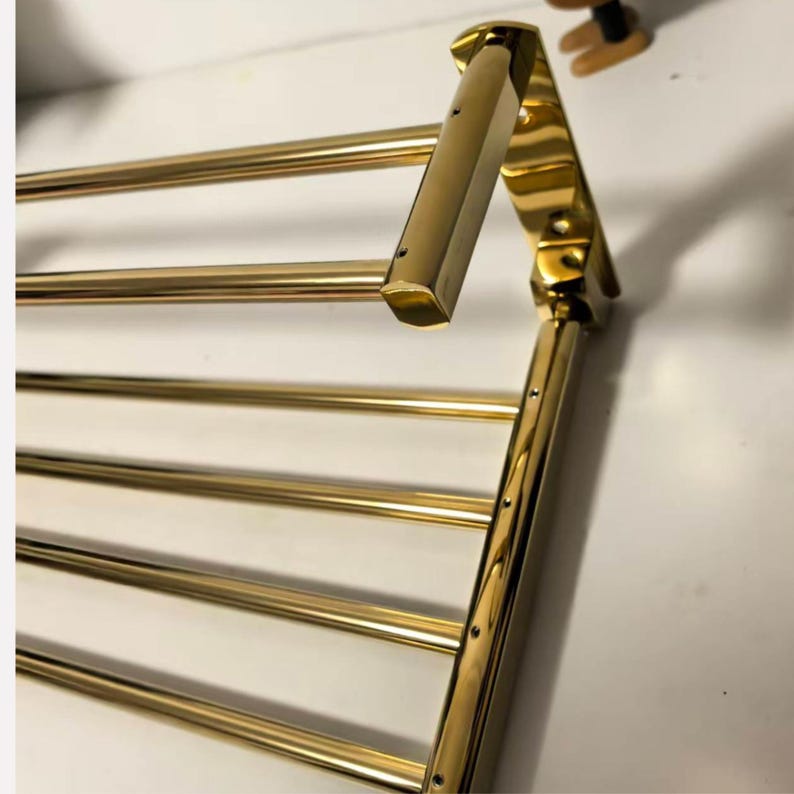 Foldable Gold Brass Towel Rack, Luxury Bathroom Shelf with Hooks image 11