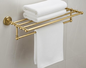 Solid Brass Bathroom Towel Rack: Antique Gold Wall Shelf, 60cm