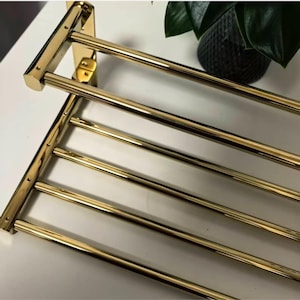 Foldable Gold Brass Towel Rack, Luxury Bathroom Shelf with Hooks image 13