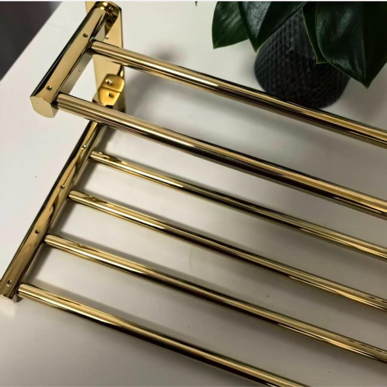 Foldable Gold Brass Towel Rack, Luxury Bathroom Shelf with Hooks image 13