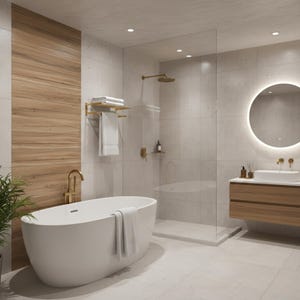 May include: A modern bathroom with a white oval bathtub, a glass shower enclosure, and a wooden vanity with a round illuminated mirror. The fixtures are gold-toned, and the walls are tiled in neutral colors. A towel rack holds white towels.