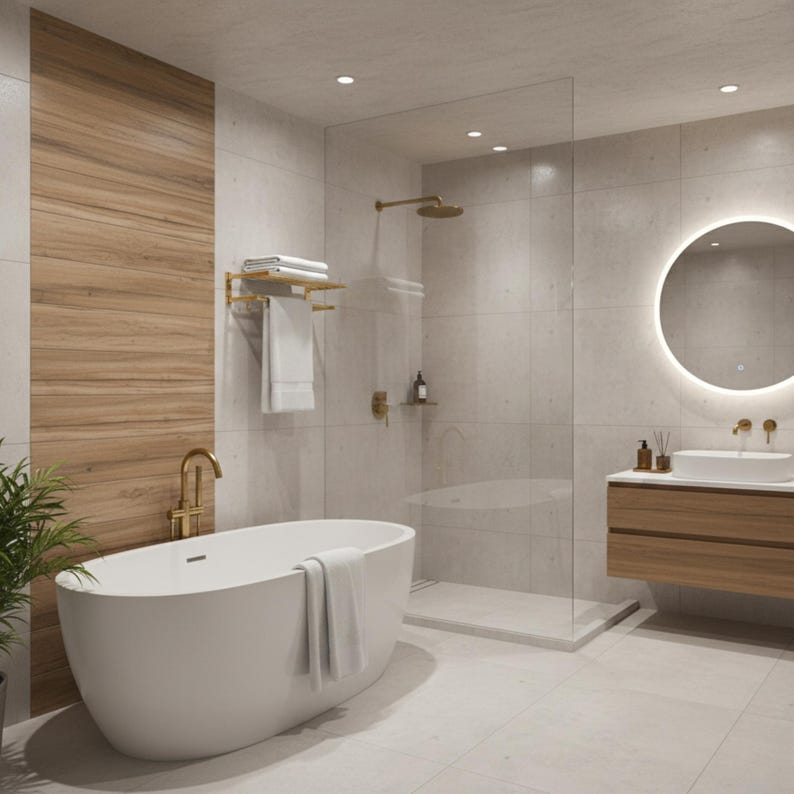 May include: A modern bathroom with a white oval bathtub, a glass shower enclosure, and a wooden vanity with a round illuminated mirror. The fixtures are gold-toned, and the walls are tiled in neutral colors. A towel rack holds white towels.