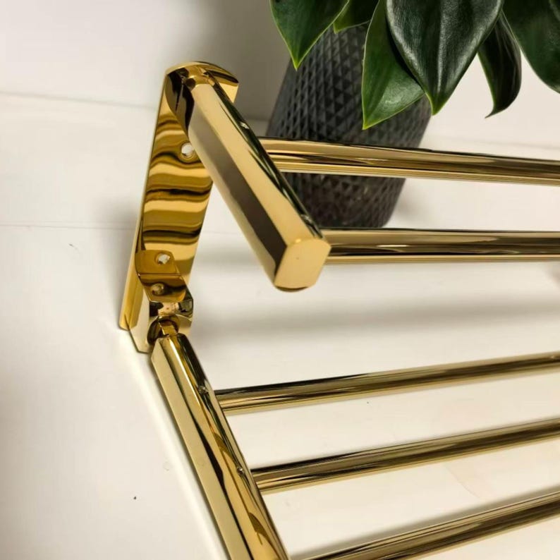 Foldable Gold Brass Towel Rack, Luxury Bathroom Shelf with Hooks image 14