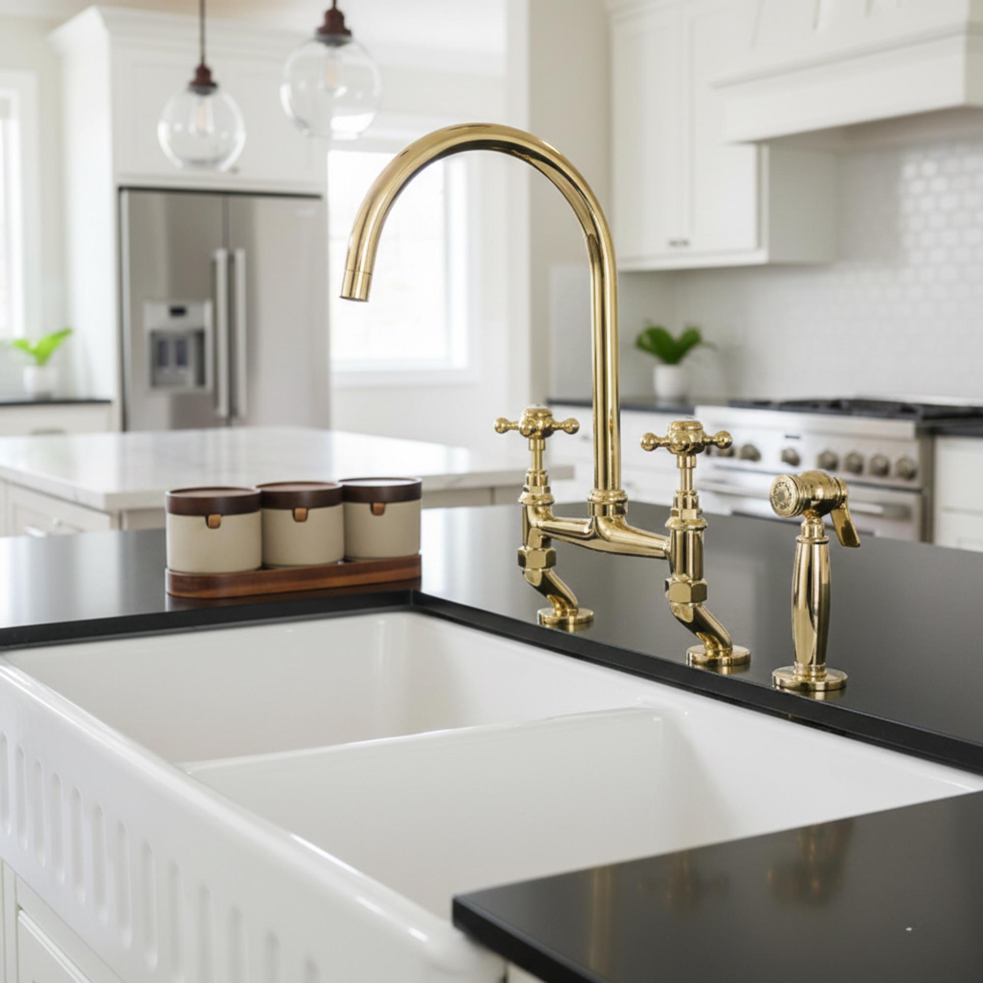 Unlacquered Brass Bridge Kitchen Faucet, Solid Brass Farmhouse Sink Tap ...