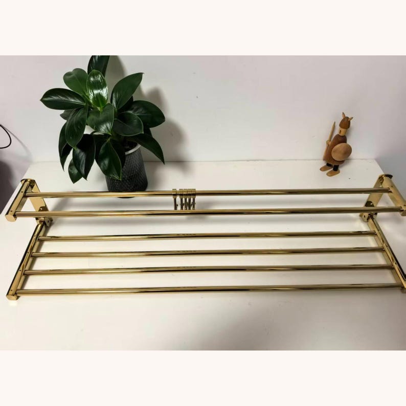 Foldable Gold Brass Towel Rack, Luxury Bathroom Shelf with Hooks 90 cm