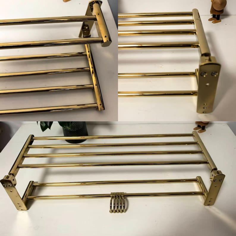 Foldable Gold Brass Towel Rack, Luxury Bathroom Shelf with Hooks image 17