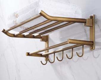 Foldable Brass Towel Rack with Shelf & Hooks, Gold Bathroom Holder