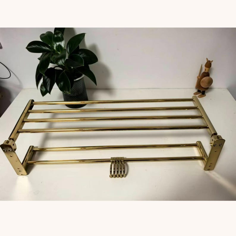 Foldable Gold Brass Towel Rack, Luxury Bathroom Shelf with Hooks 100 cm