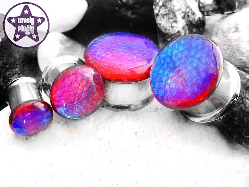Clear Red Blue Plug Gauge 00g 716 10mm 11mm Bubbles Faux Dichro Dichroic Double Flared