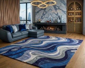 Hand Tufted Wool Area Rug – Modern Abstract Blue Wave Carpet for Living Room