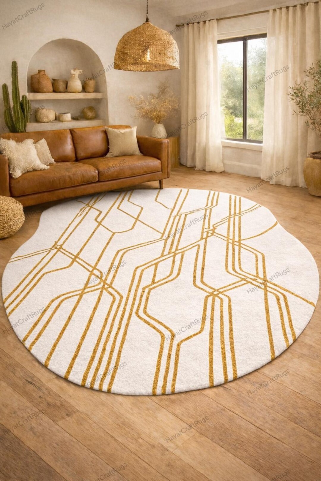 Handmade Round Area Rug | Modern Gold Geometric Pattern - Etsy