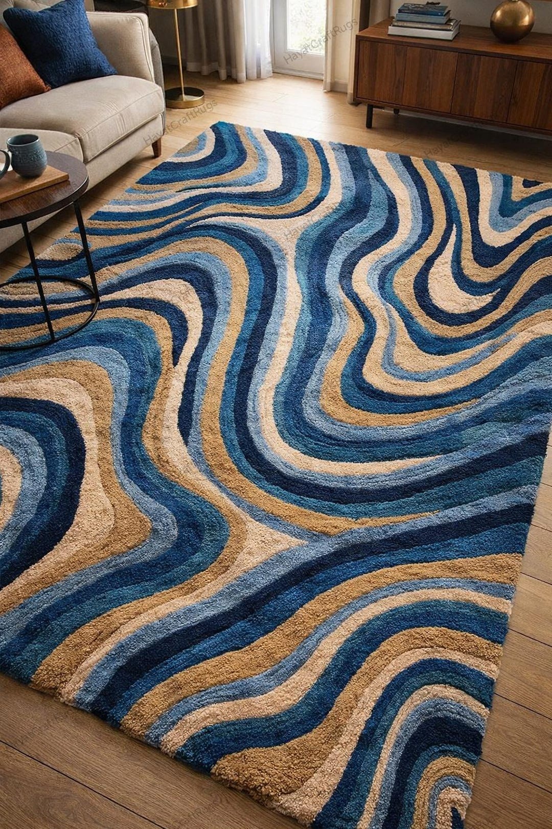 Blue Beige Abstract Hand Tufted Wool Rug – Modern Wavy Carpet for ...