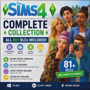 May include: The Sims 4 Complete Collection digital game bundle featuring 81+ DLCs, expansion packs, game packs, stuff packs, and kits. The graphic includes text stating all DLCs are unlocked, includes a license key, and is for PC only.