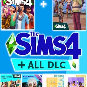 May include: The Sims 4 video game bundle featuring the base game, Growing Together expansion, High School Years expansion, Werewolves game pack, Bathroom Clutter kit, and Simtimates collection kit with various character illustrations and text.