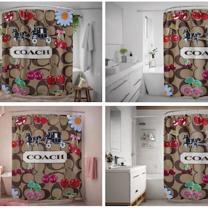 Luxury Brown Monogram Shower Curtain | Designer Bathroom Decor | Statement Bath Curtain