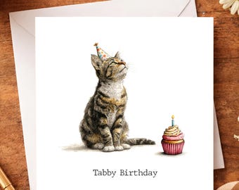 Tabby Cat Birthday Card, Cute Cat Birthday Card, Funny Kitten Party Hat Card, Cat Lover Birthday Card, Pet Birthday Greeting | C289
