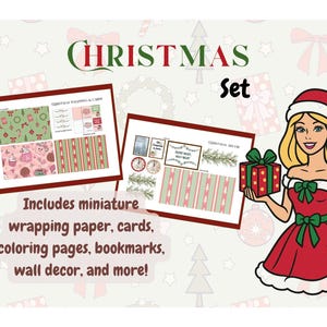 May include: A Christmas-themed set with miniature wrapping paper, cards, coloring pages, bookmarks, and wall decor. The image features a woman in a Santa hat holding a gift. The word "CHRISTMAS" is at the top.