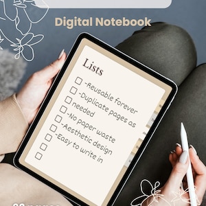 Puede incluir: Un cuaderno digital "Latte Notes" en una tableta. La pantalla muestra una lista con casillas de verificación y el texto "Reutilizable para siempre", "Duplicar páginas según sea necesario", "Sin desperdicio de papel", "Diseño estético" y "Fácil de escribir". El cuaderno incluye 62 páginas.