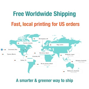 Worldwide art print shipping map, fast local printing for US orders, sustainable global poster fulfillment with text stating "Free Worldwide Shipping" and "Fast, local printing for US orders." The map highlights cities like Birmingham, Toronto, and Barcelona. The phrase "A smarter & greener way to ship" is displayed at the bottom. Sustainable global poster fulfillment.