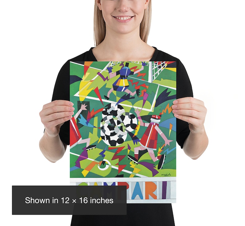 May include: A colorful art print featuring a stylized soccer scene with players, a goal, and multiple soccer balls on a green field. The design includes geometric shapes in red, blue, yellow, and black. The word CAMPARI is printed at the bottom.