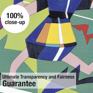 May include: A textile print featuring a geometric pattern with blocks of blue, yellow, orange, and green. The image includes the text 100% close-up in a white circle and the text Ultimate Transparency and Fairness Guarantee in a semi-transparent box.
