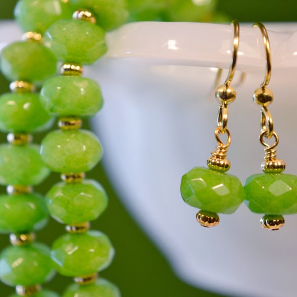 Festive Fashion Jewelry Set ~ Handmade Beaded Necklace & Simple Dangle Earrings ~ Bright Spring Green Faceted Jade ~ Present for Friend