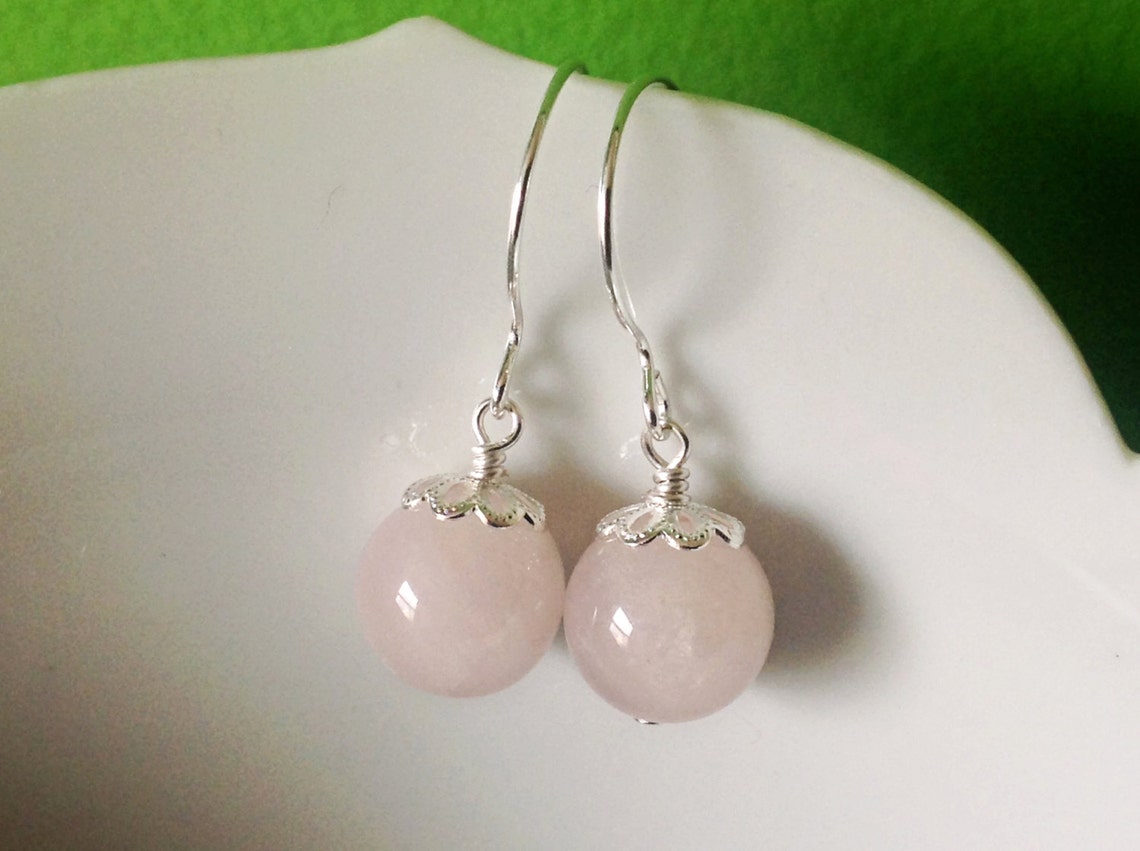 Rose Quartz Earrings Pale Pink Beaded Dangle Gemstones Heart Etsy
