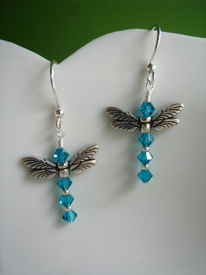 Teal Blue Dragonfly Earrings Swarovski Crystal Dangle Earrings Etsy