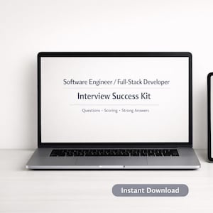 Puede incluir: Un portátil y una tableta muestran el texto "Software Engineer / Full-Stack Developer Interview Success Kit". El portátil está abierto y la tableta está a la derecha. La frase "Instant Download" está en la parte inferior.