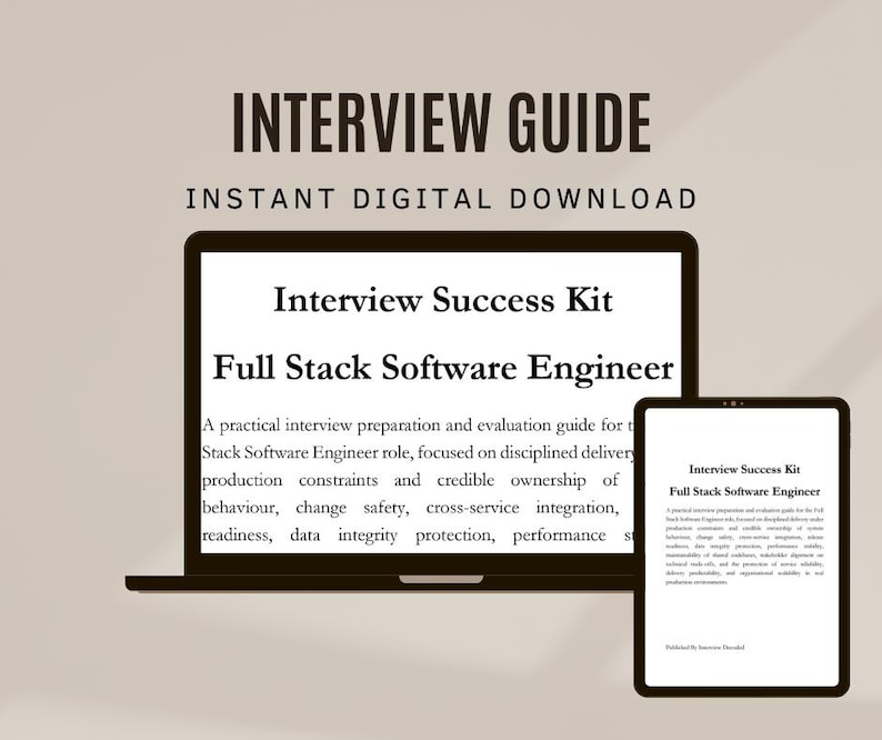 May include: A digital download titled "Interview Guide" with the text "Instant Digital Download." The image shows a laptop and tablet displaying "Interview Success Kit" for a Full Stack Software Engineer, with interview preparation details.