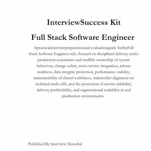 May include: White text on a white background. The text reads "InterviewSuccess Kit" and "Full Stack Software Engineer". Below is a description of the role and the publisher is "Interview Decoded".