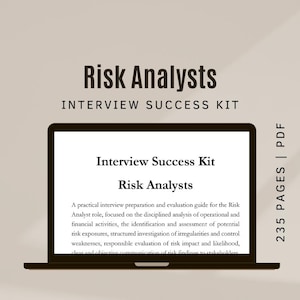 May include: A laptop screen shows "Risk Analysts Interview Success Kit." The display reads "Interview Success Kit Risk Analysts" and a guide description. The image also includes "235 PAGES | PDF."