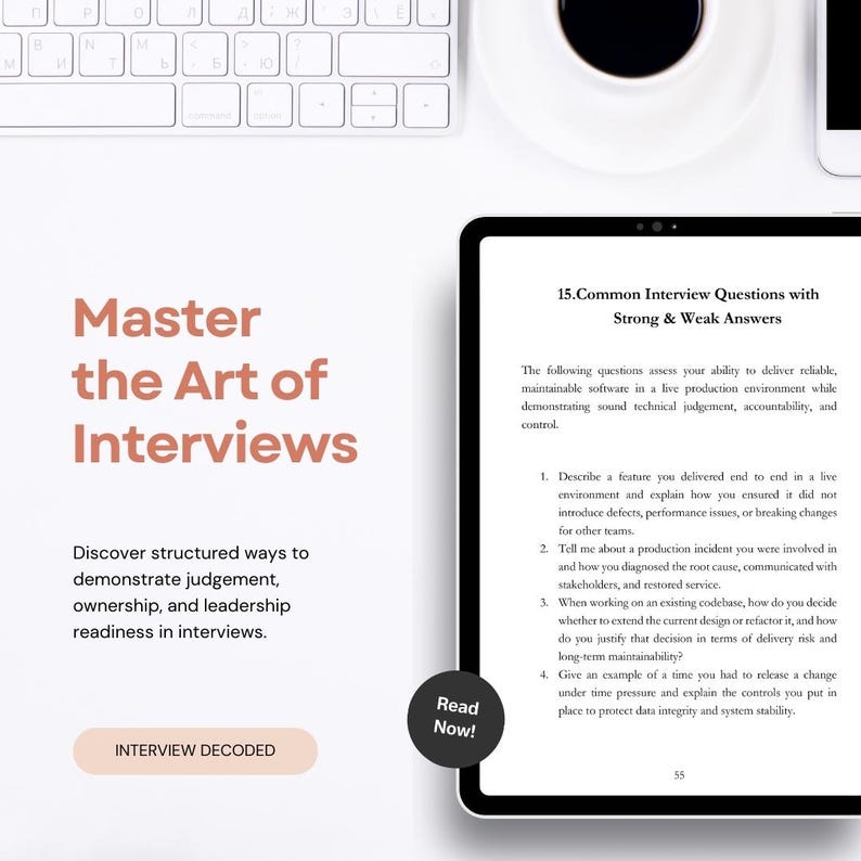 May include: A digital tablet displays interview questions with strong and weak answer examples. The text "Master the Art of Interviews" is featured, along with a call to action button that says "Read Now!" A keyboard and phone are in the background.