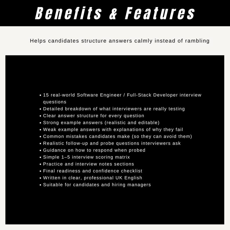Pu&ograve; includere: Grafica in bianco e nero con il testo "Benefits & Features". Il testo descrive i vantaggi di una guida per la preparazione ai colloqui per ingegneri del software e sviluppatori Full-Stack.