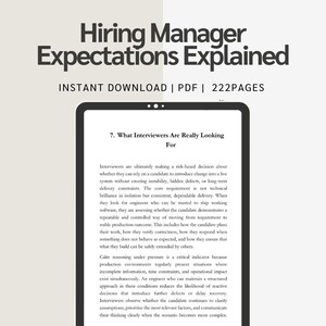 May include: A digital tablet displays the title "Hiring Manager Expectations Explained" with the text "Instant Download | PDF | 222 Pages." The screen shows the heading "7. What Interviewers Are Really Looking For" and detailed text below.