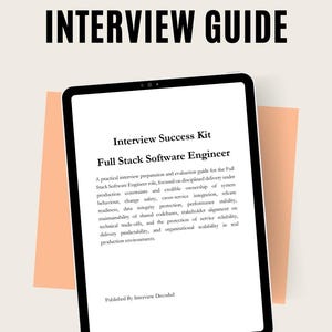 May include: A black tablet displays the text "Interview Guide" at the top, with "Interview Success Kit" and "Full Stack Software Engineer" below. The text describes interview preparation and evaluation for the role. The bottom text reads "Interview Decoded."