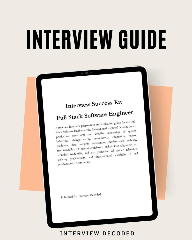 May include: A black tablet displays the text "Interview Guide" at the top, with "Interview Success Kit" and "Full Stack Software Engineer" below. The text describes interview preparation and evaluation for the role. The bottom text reads "Interview Decoded."