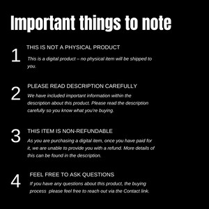 Pu&ograve; includere: Sfondo nero con testo bianco. Il testo recita "Important things to note" in alto. Sotto ci sono quattro punti numerati sul prodotto, incluso che &egrave; un prodotto digitale e non rimborsabile.