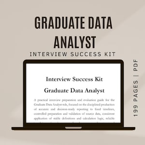 Könnte beinhalten: Ein Laptop zeigt den Text "Graduate Data Analyst Interview Success Kit". Der Bildschirm zeigt den Titel und eine Beschreibung des Leitfadens. Das Bild enthält auch den Text "199 PAGES | PDF."