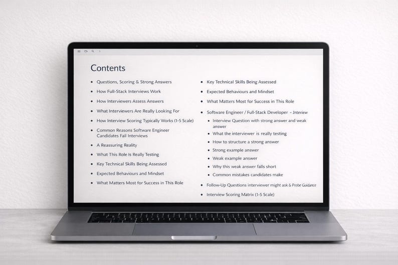 Pu&ograve; includere: Un computer portatile mostra un documento intitolato "Contenuti". Il documento elenca argomenti relativi ai colloqui di lavoro per ingegneri del software, tra cui punteggio, risposte forti ed errori comuni.