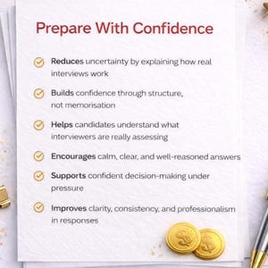 May include: A white paper with the title "Prepare With Confidence" and bullet points about interview preparation. Gold paper clips, push pins, a pen, and two gold coins are scattered around the paper.