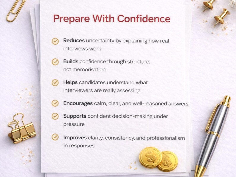 May include: A white paper with the title "Prepare With Confidence" and bullet points about interview preparation. Gold paper clips, push pins, a pen, and two gold coins are scattered around the paper.