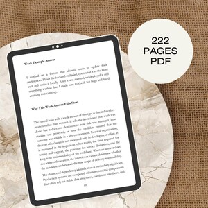 May include: A digital tablet displaying text about software development, with the title "Weak Example Answer." A circular graphic on the right indicates "222 PAGES PDF."