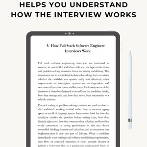 May include: A digital tablet displays text about full stack software engineer interviews, with the title "How the Interview Works." A stylus rests on the right side. The text explains interview structure and evaluation methods.