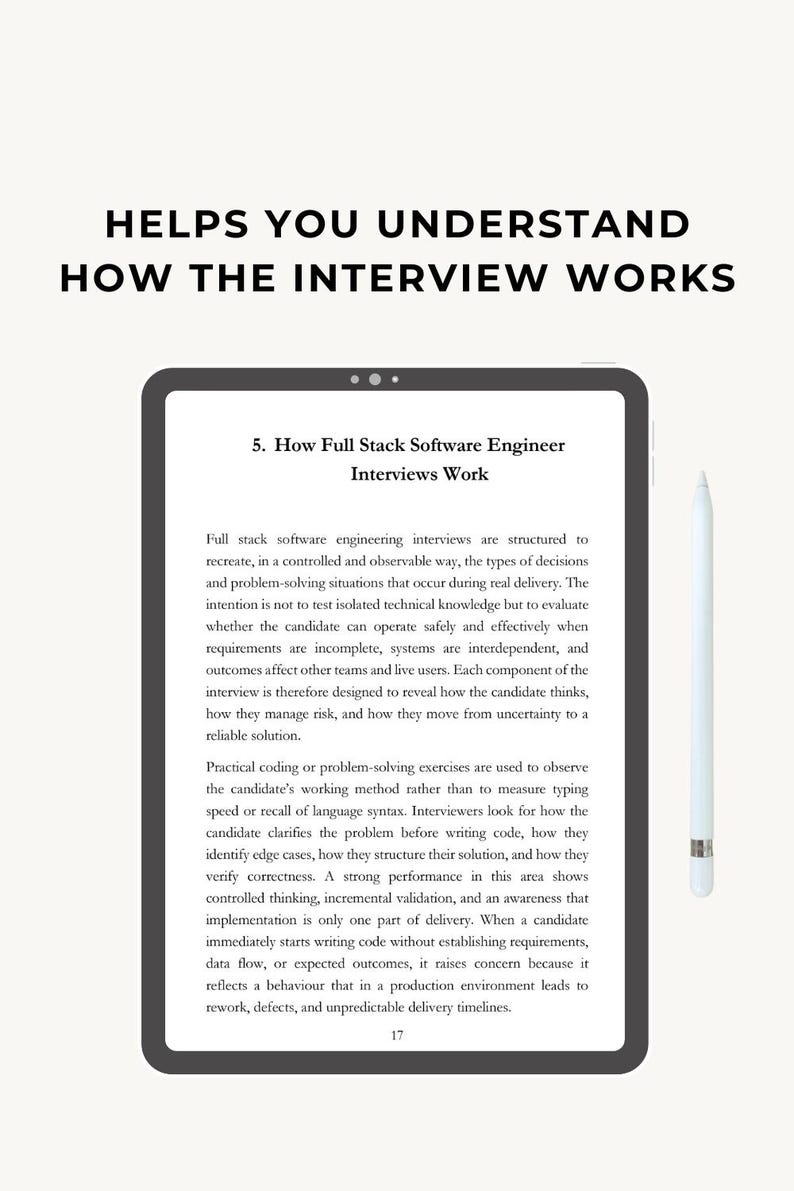 May include: A digital tablet displays text about full stack software engineer interviews, with the title "How the Interview Works." A stylus rests on the right side. The text explains interview structure and evaluation methods.
