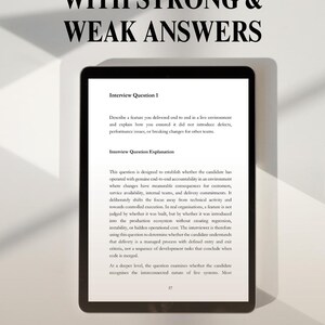 May include: A digital tablet displays text: "COMMON QUESTIONS WITH STRONG & WEAK ANSWERS." The screen shows interview questions and explanations. The text is in black against a white background. The tablet is on a light background.