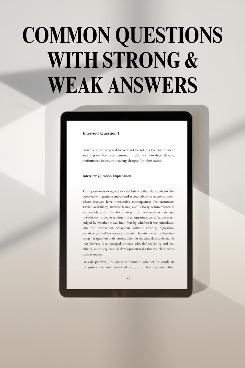 May include: A digital tablet displays text: "COMMON QUESTIONS WITH STRONG & WEAK ANSWERS." The screen shows interview questions and explanations. The text is in black against a white background. The tablet is on a light background.
